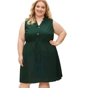Bloomchic Womens Plain Ties Front Button Pocket  Dress Plus Size 18/20 Green